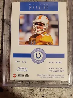 1998 Collector's Edge Peyton Manning Promos Holding Jersey Rookie #NNO BCCG 10 - Image 5