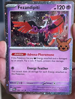 POKEMON FEZANDIPITI #096/167 COSMOS HOLOFOIL NM WITH SWIRL TRICK OR TRADE 2024 - Image 1