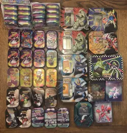 HUGE Pokemon TCG Tin Lot EMPTY (37 Mini tins, Larger tins, Stacking tins) + BULK - Image 1
