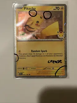 Pikachu (Pokemon Day 2026) 051/162 Cosmos Holo With 3 Swirls CREASED Card - Image 1