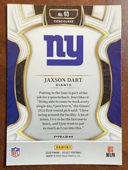 2025 Panini Select #93 JAXSON DART Concourse RED & BLUE SHOCK PRIZM Rookie RC - Image 2
