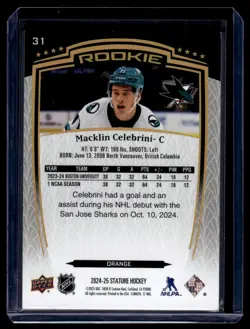 2024-25 Upper Deck Stature Orange Macklin Celebrini Rookie 113/199 #31 - Image 2