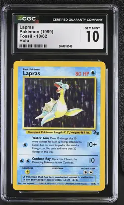 CGC 10 GEM MINT Lapras 1999 Fossil 10/62 Holo Pokemon Card - Image 1