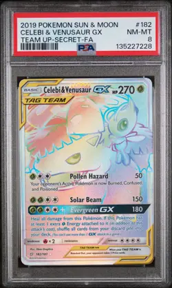 Celebi & Venusaur Gx Secret Rainbow Pokemon Sun & Moon Team Up 182/181 PSA 8 - Image 1