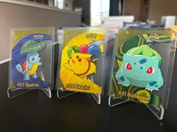 Pokemon Topps Pikachu PC1, Squirtle PC4, and Bulbasaur PC2 Clear Cards - Image 1
