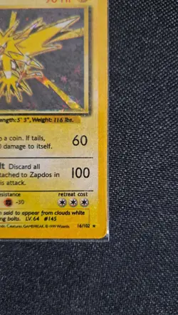 Zapdos 1999 Pokemon English Unlimited Base Set Zapdos Holo 16/102 - Image 5