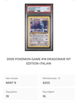 POKEMON PSA 9 DRAGONAIR 18/102 SET BASE 1st PRIMA EDIZIONE ITALIANO LOW POP - Image 4