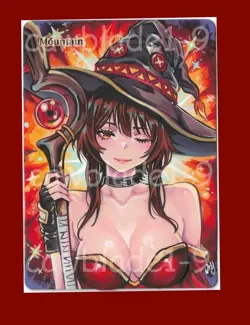 Hand Painted Altered MTG Card, Mountain, Anime Girl, by Cawblade - Image 1