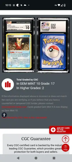 (POP 17) CGC 10 GEM MINT Pokemon Delibird 21/109 EX Team Rocket Returns 2004 - Image 4