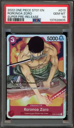 One Piece CCG Roronoa Zoro Super Pre-Release ST01-013 PSA 10 Gem Mint - Image 1