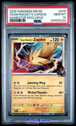 Pokemon Card PSA 10 Team Rocket’s Zapdos 070/182 GameStop DRI Promo Holo 2025 - Image 1