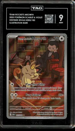 Pokemon Team Rocket's Meowth Destined Rivals Illustration Rare #203 TAG 9 Mint - Image 1