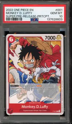 One Piece CCG Monkey.D.Luffy Super Pre-Release Participation P-001 PSA 10 - Image 1