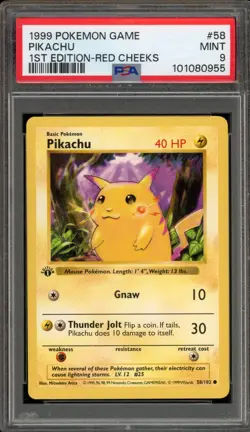 Pokemon Pikachu Base Set Shadowless 1st Edition Red Cheeks #58 PSA 9 Mint - Image 1