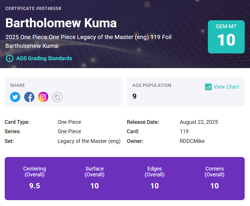 One Piece English Bartholomew Kuma SEC Rare Legacy of the Master OP12-119 AGS 10 - Image 3