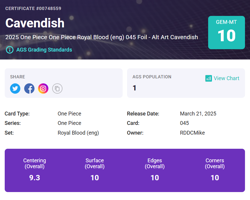 One Piece English Cavendish Rare Alt Art OP10-045 Royal Blood AGS 10 - Image 3