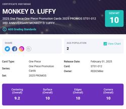 One Piece English Monkey D Luffy 3rd Anniversary Promo ST01-012 AGS 10 - Image 3