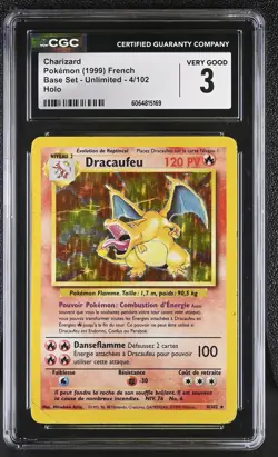 CGC 3 French Charizard 1999 Base Set 4/102 Holo Pokemon Card - Image 1