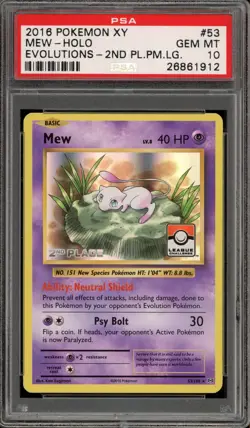 Pokemon Mew 2nd Place League Challenge XY Evolutions Holo Rare #53 PSA 10 - Image 1