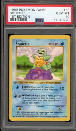 Pokemon Squirtle Base Set Shadowless 1st Edition #63 PSA 10 Gem Mint - Image 1