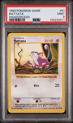 POKEMON CARD PSA 9 MINT Shadowless Base set Rattata #61 - Image 1