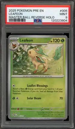 Pokemon Leafeon Prismatic Evolutions Master Ball Reverse Holo #005 PSA 9 Mint - Image 1