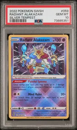 2022 Pokemon Sword & Shield Silver Tempest Radiant Alakazam #059 PSA 10 GEM - Image 1