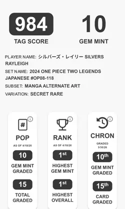 Silvers Rayleigh Manga Alt Art OP08-118 – 2024 One Piece JP – TAG 10 Gem Mint - Image 3