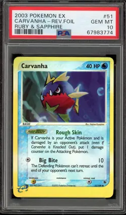 Pokemon Carvanha EX Ruby & Sapphire Reverse Holo #51 PSA 10 Gem Mint - Image 1