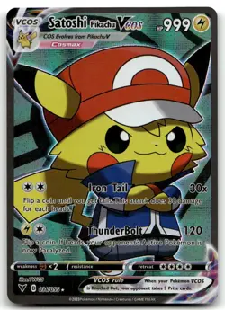 Pokemon TCG Satoshi Poncho Pikachu VCOS Cosplay Custom Full Art Shiny Holo Card - Image 1