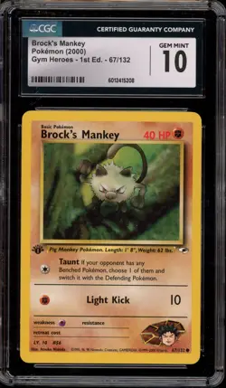 Pokemon Brock's Mankey Gym Heroes 1st Edition #67 CGC 10 Gem Mint - Image 1