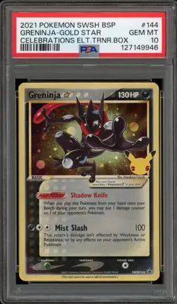 Pokemon Greninja Gold Star Celebrations ETB Black Star Holo Promo SWSH144 PSA 10 - Image 1