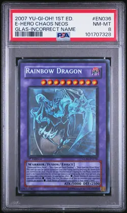 Rainbow Dragon Chaos Neos GLAS-EN036 1st Edition Ghost Rare ERROR Yugioh PSA 8 - Image 1