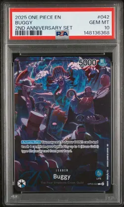 2025 ONE PIECE OP09 042 BUGGY ENGLISH 2ND ANNIVERSARY SET LEADER PROMO PSA 10 - Image 1