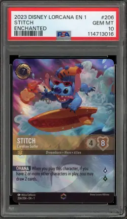 Disney Lorcana Stitch Carefree Surfer First Chapter Enchanted #206 PSA 10 - Image 1