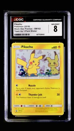 2019 Pokemon Sun & Moon Team UP Black Star Promo PIKACHU #SM162 CGC 8 NM - Mint - Image 1
