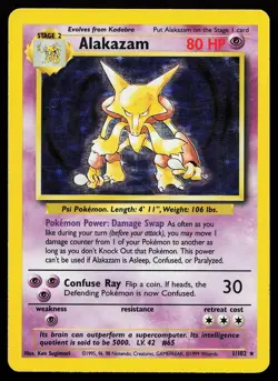 Alakazam 1/102 Holo Rare Base Set Unlimited Pokemon Card - Image 1