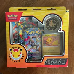 Pokemon TCG Pokemon Day 2026 Box, English, Pikachu Promo, Coin, 3 Booster Packs - Image 1