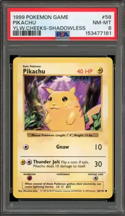 Pokemon Pikachu Base Set Shadowless Yellow Cheeks #58 PSA 8 - Image 1