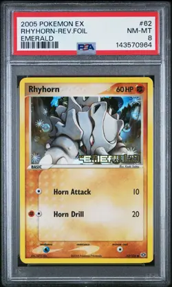 2005 POKEMON EX EMERALD #62 RHYHORN-REVERSE FOIL PSA 8 - Image 1