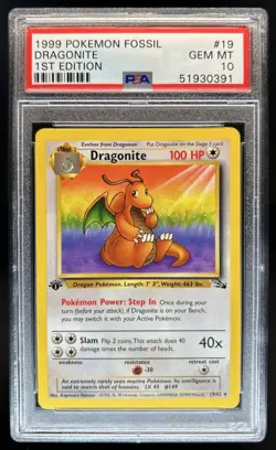 1999 Pokemon Fossil 1st Edition Dragonite #19/62 PSA 10 GEM MINT - Image 1