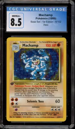 Pokemon Machamp Base Set 1st Edition Holo Rare #8 CGC 8.5 - Image 1