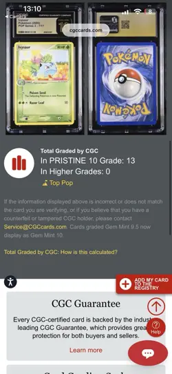 Ivysaur Pokemon 2005 CGC Pristine 10 Pop Series 2 7/17 Low Low Pop - Image 4