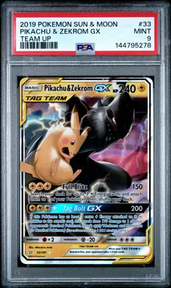 2019 POKEMON SUN & MOON TEAM UP #33 PIKACHU & ZEKROM GX PSA 9 - Image 1