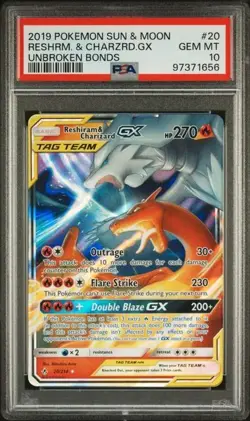 2019 Pokemon Unbroken Bonds Reshiram & Charizard GX Tag Team 20/214 PSA 10 - Image 1