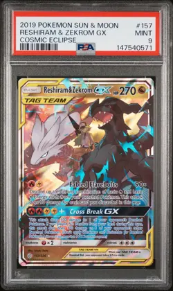 2019 POKEMON SUN & MOON COSMIC ECLIPSE #157 RESHIRAM & ZEKROM GX PSA 9 - Image 1