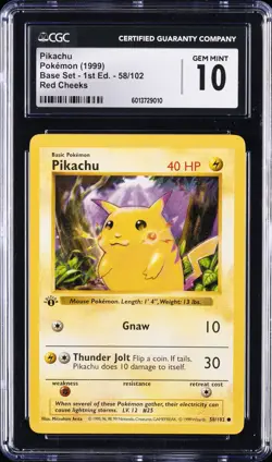 1999 POKEMON BASE SET 1ST EDITION RED CHEEKS #58 PIKACHU CGC 10 - Image 1