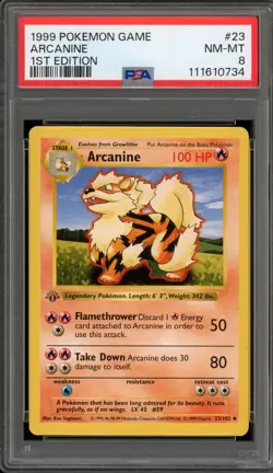 Pokemon Arcanine Base Set Shadowless 1st Edition #23 PSA 8 - Image 1