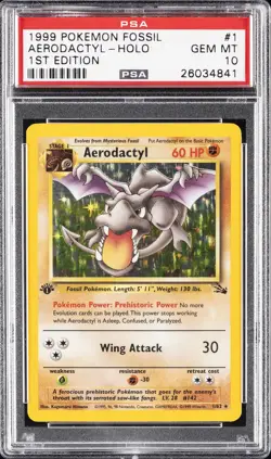 1999 POKEMON FOSSIL 1ST EDITION #1 AERODACTYL-HOLO PSA 10 - Image 1
