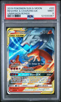 2019 POKEMON SUN & MOON UNBROKEN BONDS #20 RESHIRAM & CHARIZARD GX PSA 9 - Image 1